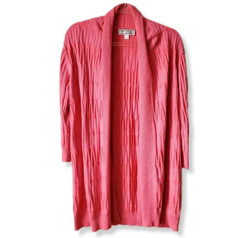 Women Pink Shimmer Long Cable Cardigan Sweater XS Career Preppy Classic Casual